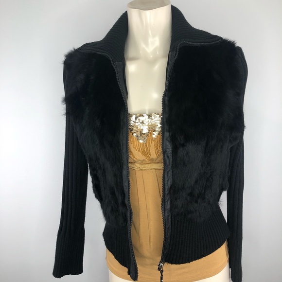 JENNYFER J Jackets & Blazers - JENNYFER J black FUR ZIP UP VESTED KNIT JACKET M